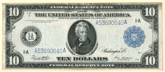 Federal Reserve Note - 1914 dated U.S. Currency - $10 Paper Money